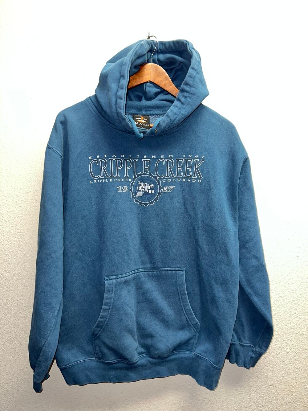 Vintage Cripple Creek Colorado Hoodie Prairie Mountain Train Pullover VTG Large